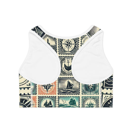 Womens Nautical Adventure Sports Bra, Gym Wear, Workout Top, Travel Activewear, Summer Fitness Gear, Unique Gift