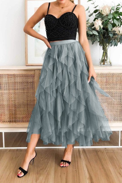 Aryvez Long Tulle Tiered Skirts