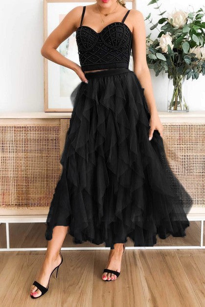 Aryvez Long Tulle Tiered Skirts